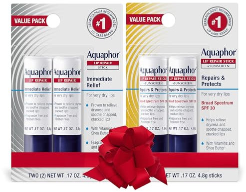 Aquaphor Lip Repair, Moisturizing Lip Balm Multipack (2 Repair sticks + 2 Repair & Protect SPF 30 sticks)
