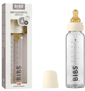 BIBS Baby Glass Bottle. Anti-colique. Embout rond en latex de caoutchouc naturel. Favorise l’allaitement naturel, Complete Set - 225 ml, Ivory