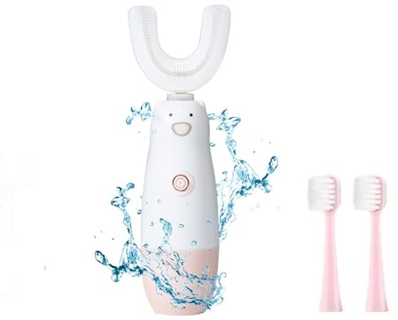 Meqtpomy Kids Electric Toothbrush，U Shaped Toothbrush Waterproof Battery Powered 360 Automatic Sonic Toddler Toothbrushes for 8-13 Years Old for Boys Girls,with 2 Replacement Brush Heads（Pink）