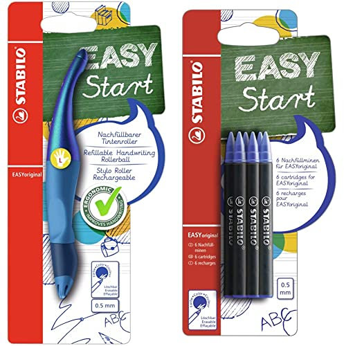 STABILO - Stifte-Set - Ergonomischer Tintenroller für Linkshänder - EASYoriginal Holograph in blau - blau (löschbar) - inkl. Patrone & Tintenpatronen - EASYoriginal Refill - medium - 6er Pack