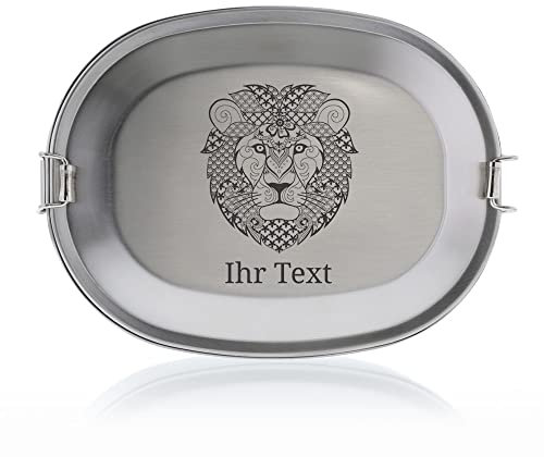gravur-fabrik.de – personalisierbare Brotdose mit Namen aus Edelstahl – Zentangel Löwe – gravierte Brotbox für Schule, Ausflüge & Co – spülmaschinenfeste Lunchbox (15,5x11,5x4,5cm)