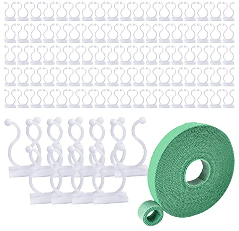 PFLYPF 100 weiße Pflanzenclips mit 1 Stück 1 m grünem Nylon-Selbstklebeband, Selbstklebende Pflanzenclips, festes Pflanzenklettern, dekorativer Wandraum, Bürokabelbefestigung