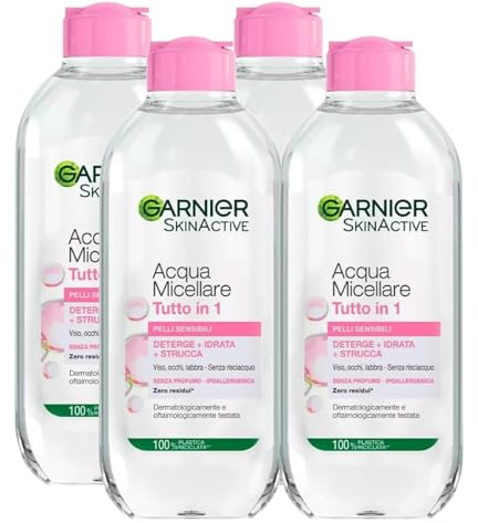 Garnier SkinActive Mizellen-Reinigungswasser All-in-1 Sensitive Reinigt spendet Feuchtigkeit & entfernt Make-up Gesicht Augen Lippen Ohne Abspülen Parfümfreie hypoallergene Formel - 4 Flaschen à 400ml