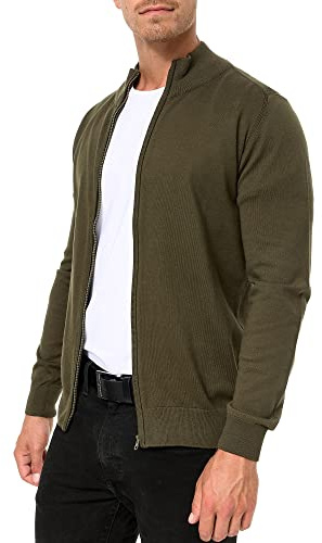 Indicode Uomini Lau Cardigan | Maglia Aperta con Collo Alto in 80% Cotone Army S