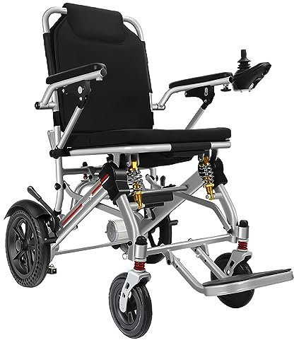 Bueuwe Leicht Rollstuhl Elektrisch Faltbar Elektrorollstuhl, Elektrischer Rollstuhl mit Stoßdämpfung, Elektrische Rollstühle für Behinderte und ältere Menschen, Tragfähigkeit 150 kg, 13.8 kg,Silber