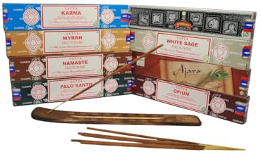 Incienso - Pack 8 Aromas Distintos + Soporte - 96 Varillas - Palo Santo, Mirra, Karma, Namaste, Ajaro, White Sage, Super Hit, Opium - Inciensos Naturales - Aromaterapia - Meditar. Varillas