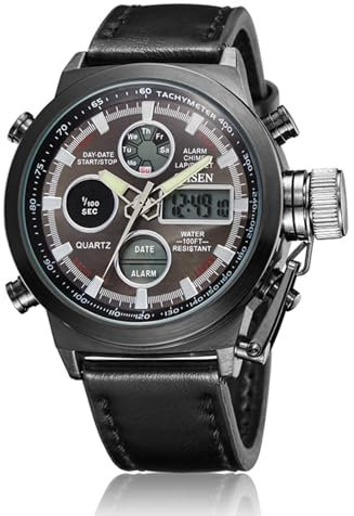 JewelryWe Mens Multifunctional Military Watch: Analog Digital Dual Time Calendar Waterproof Casual Sports Leather Wristwatch for Christmas