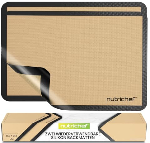 NutriChef Dauerbackfolie 2er Set – Silikon Backmatte 42x62 cm, Antihaft, PFAS-frei & BPA-frei, Hitzebeständig 250°C, Wiederverwendbares Backpapier