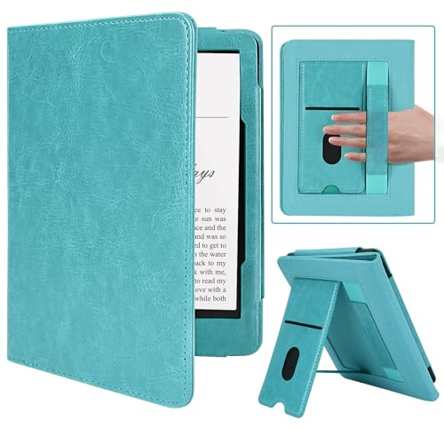 MMK Custodia Kindle Paperwhite 7/6,8 Pollici(12th/11th Generazione 2024/2021), Premium in Pelle PU Protettiva Verticale Supporto Cover, con Slot per Schede e Cinturino, Lago Blu