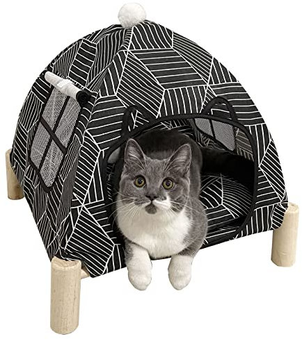 Nockovi 2-in-1 Katzenzelt Holzrahmen Katzenbett Schnelle Montage und Demontage Tragbares Indoor/Outdoor Haustierzelt Haus für Katzen, Welpen und andere Kleintiere-Schwarzes Rautenmuster