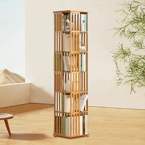 LSHFYV Drehbares Aufbewahrungsregal, 5/6 Stufe Drehbares Bücherregal Aus Bambus, Um 360 Grad Drehbarer Bücherregalturm, Eckschrank/Freistehender Aufbewahrungsorganisator, Bücherregal,6Tier-Original