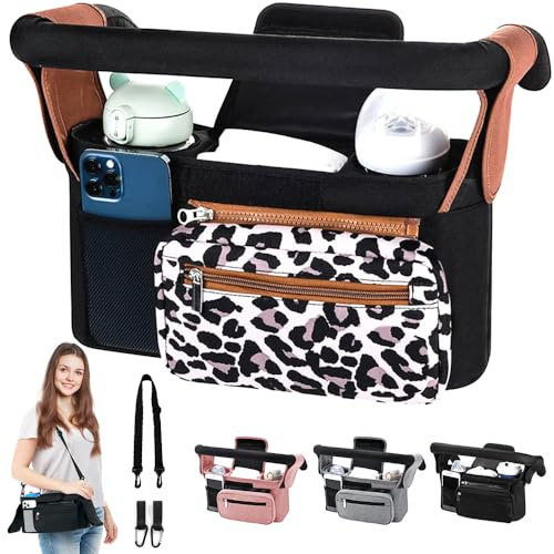 HINATAA Baby Pram Bag Stroller,Baby Stroller Organizer- Detachable Phone Bag & Shoulder Strap, 2 Insulated Cup Holder,Buggy Organiser Bag with Shoulder Strap&Non-Slip Secure Hooks (Leopard)
