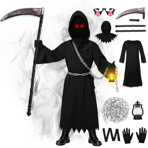 HarnyLoom Costume da Tristo Mietitore per Bambini Adulti, Spaventoso Falce Triste Halloween Mantello Vestito Fantasia Donne Uomini con Catena di Sythe Grim Halloween Cape Robe (Bambine, (12-14) anni)