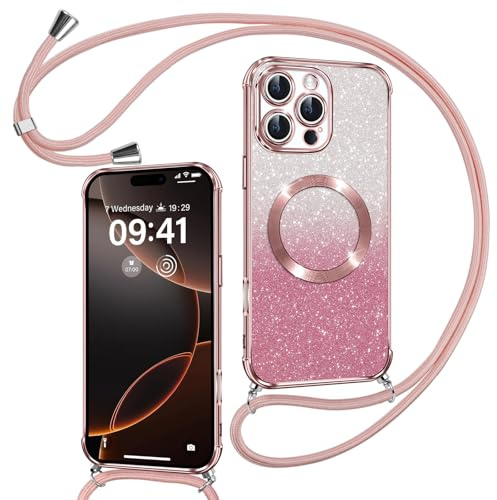 Phoona Cover Magnetica Glitter per iPhone 16 Pro con Cordino, Rosa | [Compatibile con MagSafe] Brillantini Sottile Lucida TPU Silicone Custodia Antiurto Laccio Tracolla Protettiva