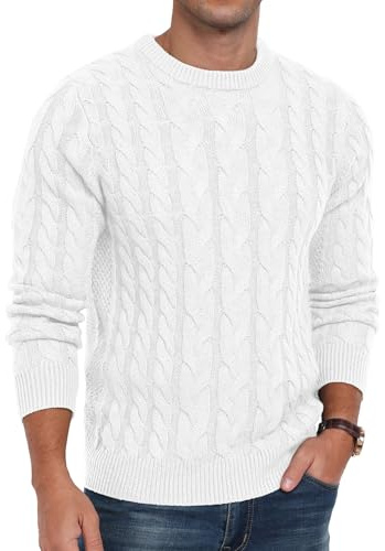 QIXING Maglione da uomo con motivo a treccia, girocollo, a maniche lunghe, spesso, motivo pescatore, strutturato, morbido, lavorato a maglia, C bianco., L