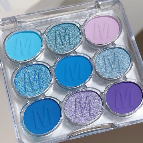 Paleta mate de sombras de ojos perladas de 9 colores, paleta de sombras de ojos azul brillante, para maquillaje diario y escenario, ahumado, resistente al agua, polvo fino, brillante, color azul