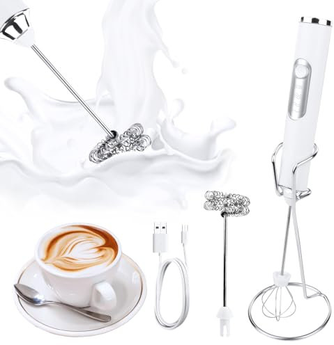 Montalatte Elettrico Cappuccino, Frullino Elettrico USB Ricaricabile Schiumatore Latte, Elettrico Schiuma Latte 3 Velocità Regolabile per Cappuccino, Matcha, Caffè Schiumoso, Latte (Bianco-con Staffa)
