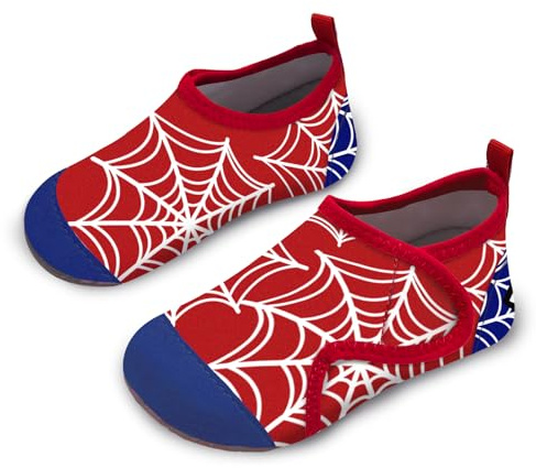 WateLves Badeschuhe Kinder Strandschuhe Schwimmschuhe Jungen Baby Wasserschuhe Schnell Badesoken Aquaschuhe Trocknend Barfuss Schuhe（Spinnennetz Rot Blau 28/29）