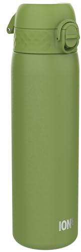ION8 Leicht Stahl-Trinkflasche, 600 ml, Nicht IsoliertAuslaufsicher, Einhandöffnung, Sichere Verriegelung, Spülmaschinenfest, Klappdeckel, Tragegriff, Leicht zu Reinigen, Khakigrün