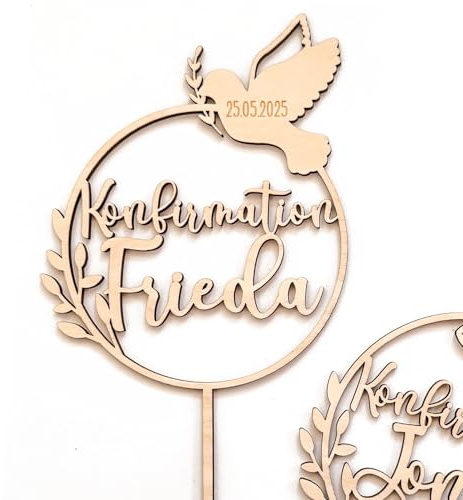 Konfirmation Cake Topper personalisiert aus Holz – Mit Name & Datum – Fisch oder Taube als Symbol – Individuelle Tortenstecker Deko christlich für Jungen und Mädchen
