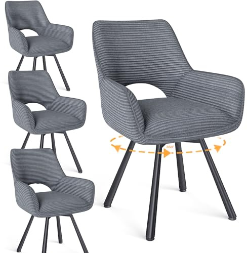 WAFTING Esszimmerstühle 4er Set Drehbar 360°,Armlehnstuhl,Küchenstuhl,Grau | Metallbeinen,Cord Stoff,Küchenstühle,Wohnzimmerstuhl,Polsterstuhl mit Samt,Esszimmer,Restaurant,Schlafzimmer,Konferenzraum