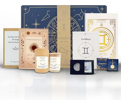 Galaxieregister Zwillinge Sternzeichen Geschenkset– Luxuriöse Astrologie-Box mit Duftkerze, Journal, Geburtsstein-Anhänger, Affirmationskarten & Sternzeichen-Kette - Mediation, Geschenk für Frauen