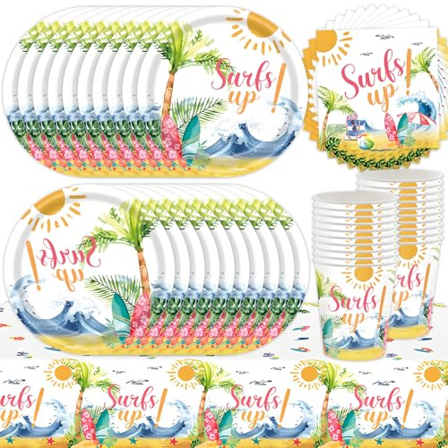 Juego de vajilla de fiesta hawaiana de 61 piezas, suministros de fiesta de verano, suministros de decoración de cumpleaños, decoraciones tropicales, incluye platos, vasos, servilletas de papel (20