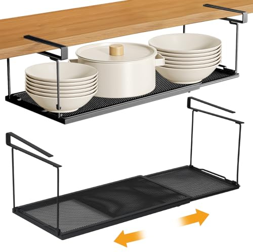 Drepint Panier de Rangement sous Étagère Extensible, Panier de Rangement Suspendu en Acier au Carbone, Tiroir Suspendu sous Étagère pour Cuisine, Bureau, Garde-Manger, Salle de Bain, Armoire(Noir)
