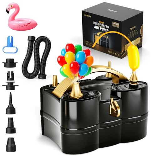 Bezente Balloon Pump Electric, 3-in-1 Portable Black Gold Electric Air Machine Balloon Pump Dual Nozzle Balloon Inflator for Inflatables and Latex 260q Foil Balloons