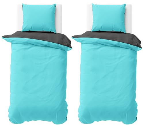 Visaggio 4teilige Bettwäsche Mikrofaser 155x220 cm Türkis Anthrazit Wendeettwäsche Bettbezug Garnitur Set Uni Einfarbig Deckenbezug Kissenbezug Schlafzimmer Set