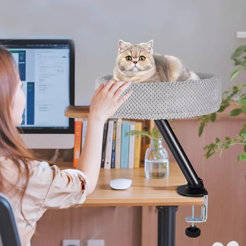 Katzenbett für Schreibtisch, Kein Bohren 360°Drehung, Erhöhtes Katzenhaus über Schreibtisch Hält Kätzchen Katze nah und Arbeitsbereich Klarer Tisch-Katzenbett 33x38cm bis 20 kg