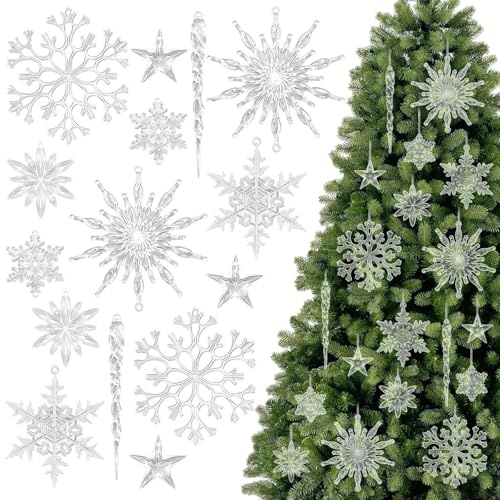 JULMELON 30 Stück Acryl Schneeflocken Christbaumschmuck, Transparent Schneeflocken Eiszapfen Deko Weihnachtsbaum Anhänger für Weihnachten Winter Party Dekoration