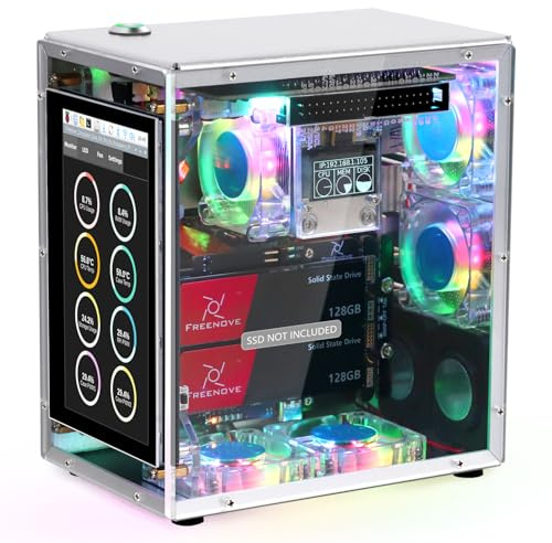 FREENOVE Raspberry Pi 5 NAS Case Kit, Quad M.2 NVMe SSD Slots, 5 PWM ARGB Fans Light Sync, CPU Tower Cooler, 4.3 Touchscreen, Stereo Speakers, 3.5 mm Audio (SSD NOT Included)