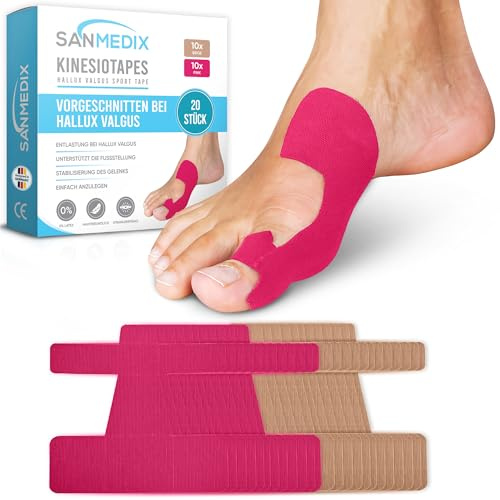 Sanmedix Hallux Valgus Kinesiotapes – 20 vorgeschnittene Sport & Physio Tapes für Zeh und Fuß – Precut Kinesiologie Tape bei Ballenzehen, hautfreundlich und latexfrei (Pink + Beige, 20 Stück)