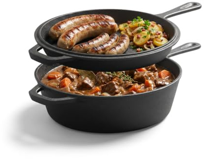 Olla de hierro fundido 2 en 1, sistema de asado y cocido, 26 cm, con tapa de hierro fundido resistente al horno como segunda sartén (26 cm)