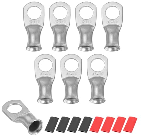 sourcing map 8pcs 4AWG M10 Battery Lugs Ring Terminals 3/8 10mm,Silver | Copper Connector End,Stud Crimp Wire Terminal,2:1 Heat Shrink Tubing, Silver
