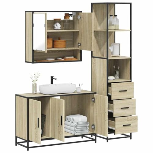 Mimdixy Unterschrank Waschbecken, 3-TLG. Badmöbel-Set -Eiche Holzwerkstoff Waschbeckenunterschrank Stehend für unter Waschbecken, Schrank Möbel Badunterschrank