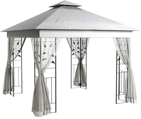 Outsunny Pavillon mit Doppeldach Gartenpavillon Metall 3x3 m Hellgrau | Wasserabweisend, Stabil, Winterfest, Mit Moskitonetz, Aus Stahl, Partyzelt Für Garten, Terrasse