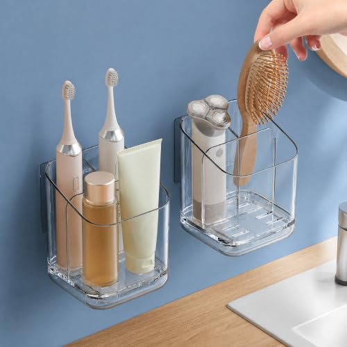 EAAGHK 2PCS Soporte para Cepillos de Dientes, Portacepillos de Dientes con 3 Compartimentos, Organizador Cepillos de Dientes y Pasta Pared Transparente con 2 Ganchos Adhesivos para Lavabo y Baño