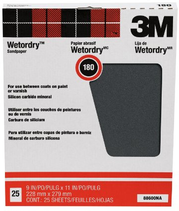 3M Wetordry Sandpaper, 25 Sheets, 9 in x 11 in, 180 Grit, Fine, for Wet and Dry Sanding, Premiere Finish on Lacquers, Primers, Sealers, Plastics & Paints, for Final or Between Coats Sanding (88620NA)