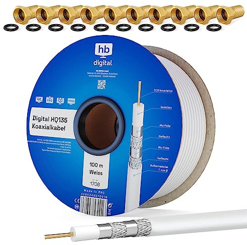 HB-DIGITAL 100m SAT Koaxial Kabel 135dB 8K 4K UHD 4-Fach geschirmt für DVB-S / S2 DVB-C / C2 DVB-T / T2 DAB+ Radio + inkl. 10x vergoldete F-Stecker BK Anlagen - Stahl/Kupfer Innenleiter - Weiss