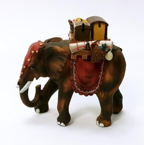 Elefant mit Gepäck aus Polyresin. Handbemalt. 12,5 cm hoch. Krippenfigur.