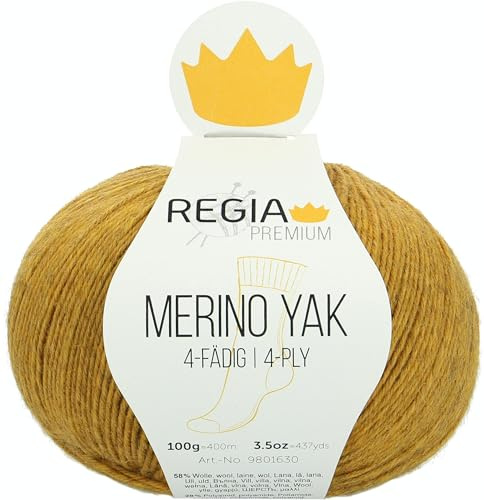 REGIA Premium Merino Yak 9801630-07504 gold meliert Handstrickgarn, Sockengarn, 100g Knäuel