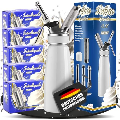 NEMT Sahnespender 0,5 L Sahnesiphon weiss + 50 Sahnekapseln 500 ml Sahnespender Aluminium mit Edelstahl Düsen und Reinigungbürste, Auslaufsicherer Sahnebereiter für Schlagsahne, Creme, Mousse