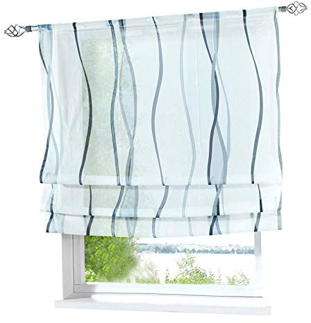 Voile Raffrollo mit Wellen Druck Design Rollos Schlaufen Transparent Vorhang (BxH 60x140cm, Grau mit Tunnelzug)
