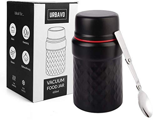 Urbavo Thermobehälter Essensbehälter 500ml & 620ml, Warmhaltebox, Isolierbehälter für Warme Speisen, Isolier Behälter aus Edelstahl mit Löffel BPA frei (620ml schwarz)