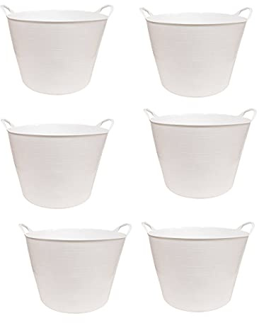 Pack de 6 Cubos de plástico alimentario, de Color Blanco, de 45 x 33 cm con Capacidad de 42 litros, con Asas, Ideal para Trabajo en hostelería, cubeta de plástico (6uds / 42 litros Blanco)