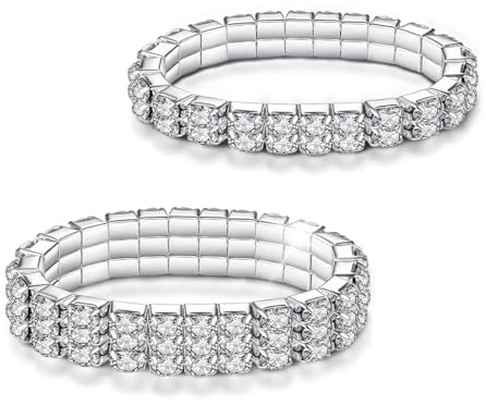 Kucheed 2 Stück Stretch Armbänder mit Strasssteinen, Twinkle Diamant Tennis Armreif, Bling Stapelbares Brautarmband aus Kristall, Glänzendes Hochzeits Party Armband für Frauen (Gold)