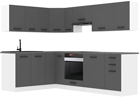 Belini Küchenzeile L-Form Janet, mit Arbeitsplatten, Silber matt