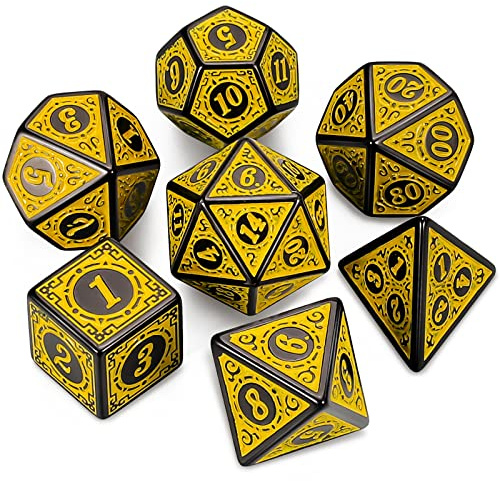 QMAY Polyedrisches Würfel Set - 7 Stück DND Dice (Gelbe Gravurmuster) | Spielwürfel mit Beutel für Dungeon und Dragons MTG RPG D&D, D20, D12, D10, D%, D8, D6, D4